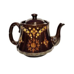 Vintage Brown w/ Gold Geometric Accents Ceramic Teapot Made In England
